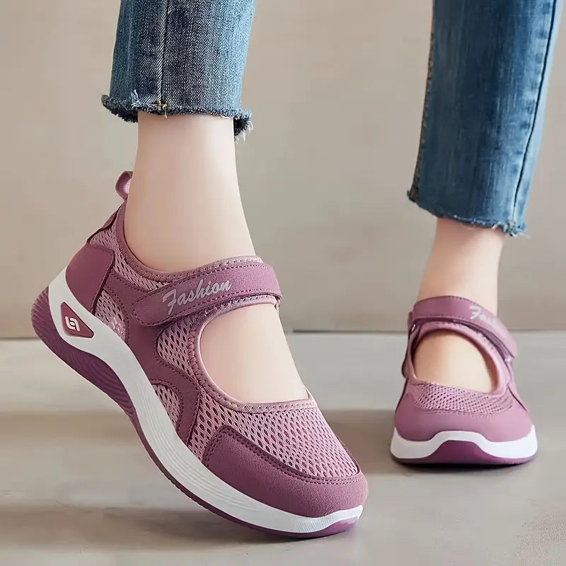 Ladies' Breathable Mesh Sneakers: Soft Sole Comfort, Stylish Low-Top Shoes with Hook-and-Loop Fastening