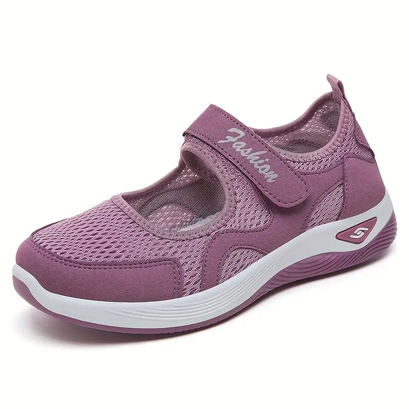 Ladies' Breathable Mesh Sneakers: Soft Sole Comfort, Stylish Low-Top Shoes with Hook-and-Loop Fastening