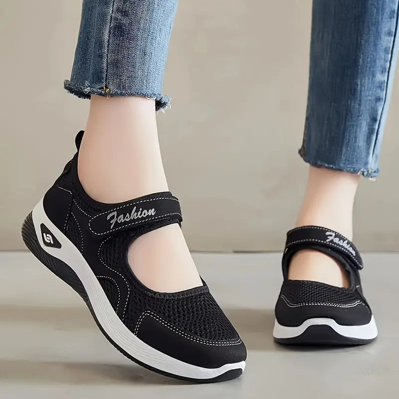 Ladies' Breathable Mesh Sneakers: Soft Sole Comfort, Stylish Low-Top Shoes with Hook-and-Loop Fastening